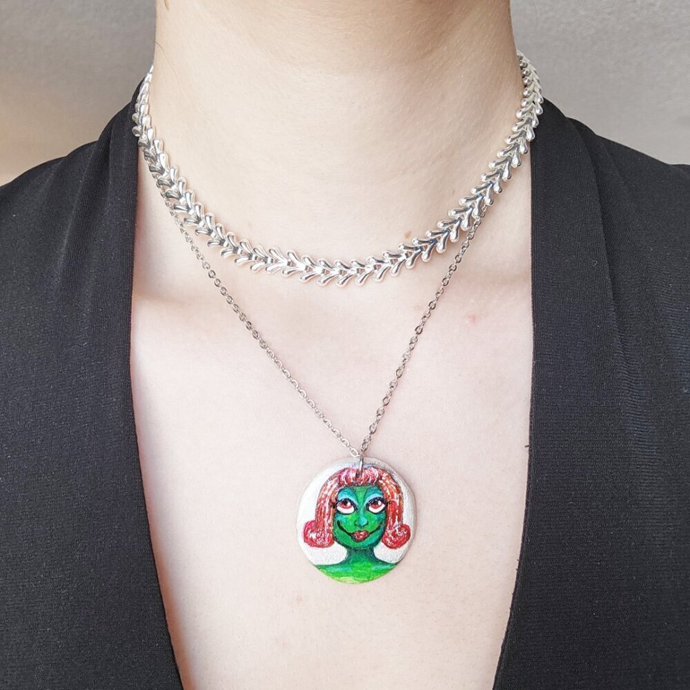 Unique colourful green witch pendant on a dainty silver chain - Picture 3 of 13